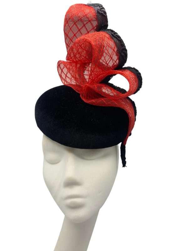 Black beret base headpiece with stunning red crin and black trim detail.